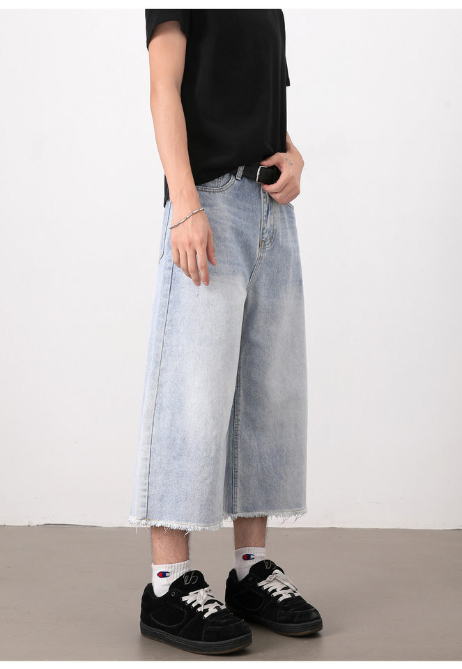 Quần short denim nam ống rộng dáng thẳng, kiểu Mỹ cổ điển, wash xước gấu, dài 8/10 — Màu xanh dương chi tiết 16