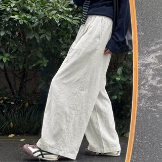 白色亚麻阔腿裤女夏季薄款宽松慵懒老钱风小个子冰丝休闲弯刀裤子