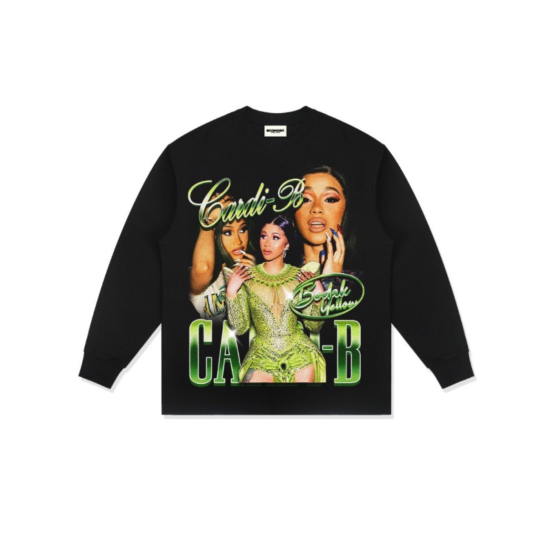 Tarjeta hermana Cardi B Europa y América hip-hop rap americano street hip-hop marca de moda estampado retro desgastado lavado manga corta