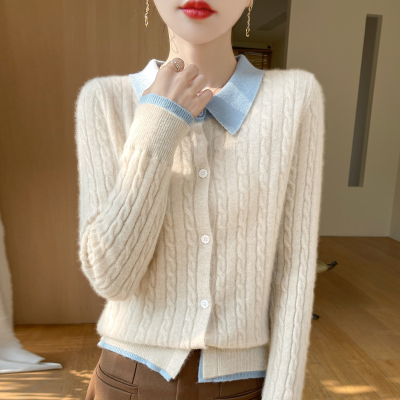 仿羊绒假两件开衫女翻领拼色刺绣麻花毛衣宽松羊毛针织外套上衣|undefined
