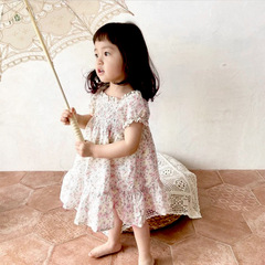 Summer small fresh floral pleated puff sleeve girls dress baby girl summer princess dress little girl long dress