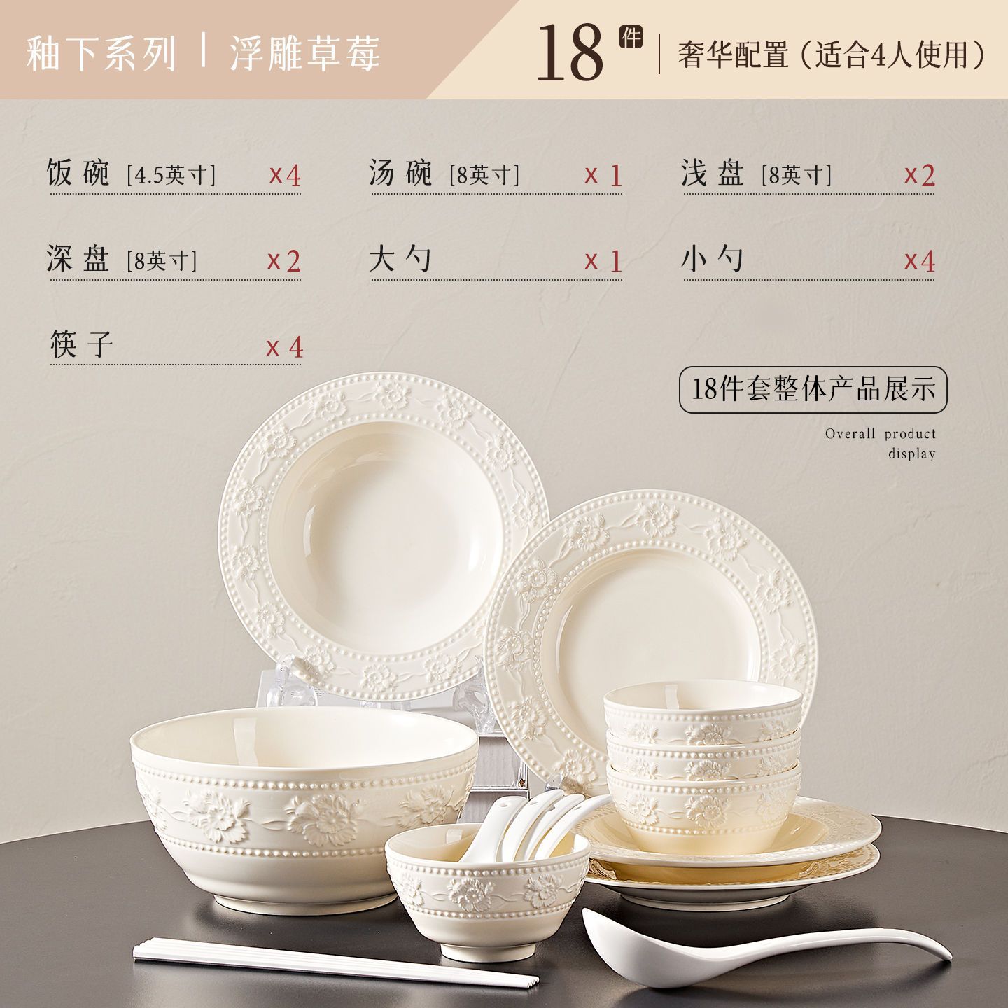 18종 세트 - 그릇 4개, 접시 4개, 숟가락 4개, 젓가락 4개, 국그릇 1개, 큰숟가락 1개