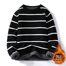 雪尼尔圆领毛衣男秋冬季加绒加厚男士条纹针织衫冬装学生保暖线衣