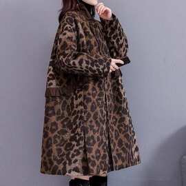 豹纹中长款毛呢外套女宽松韩版秋冬新款加棉斗篷呢子大衣潮
