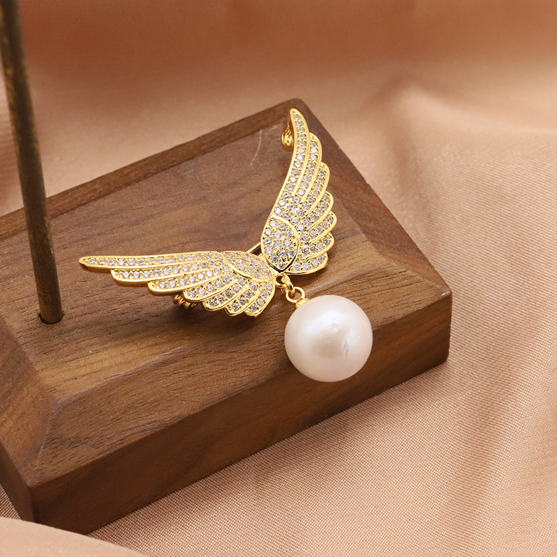 Natural perla broche Ángel alas nicho de alta calidad accesorios ramillete ZIRCON micro-incrustaciones 18K oro real electrochapado mujeres image 6