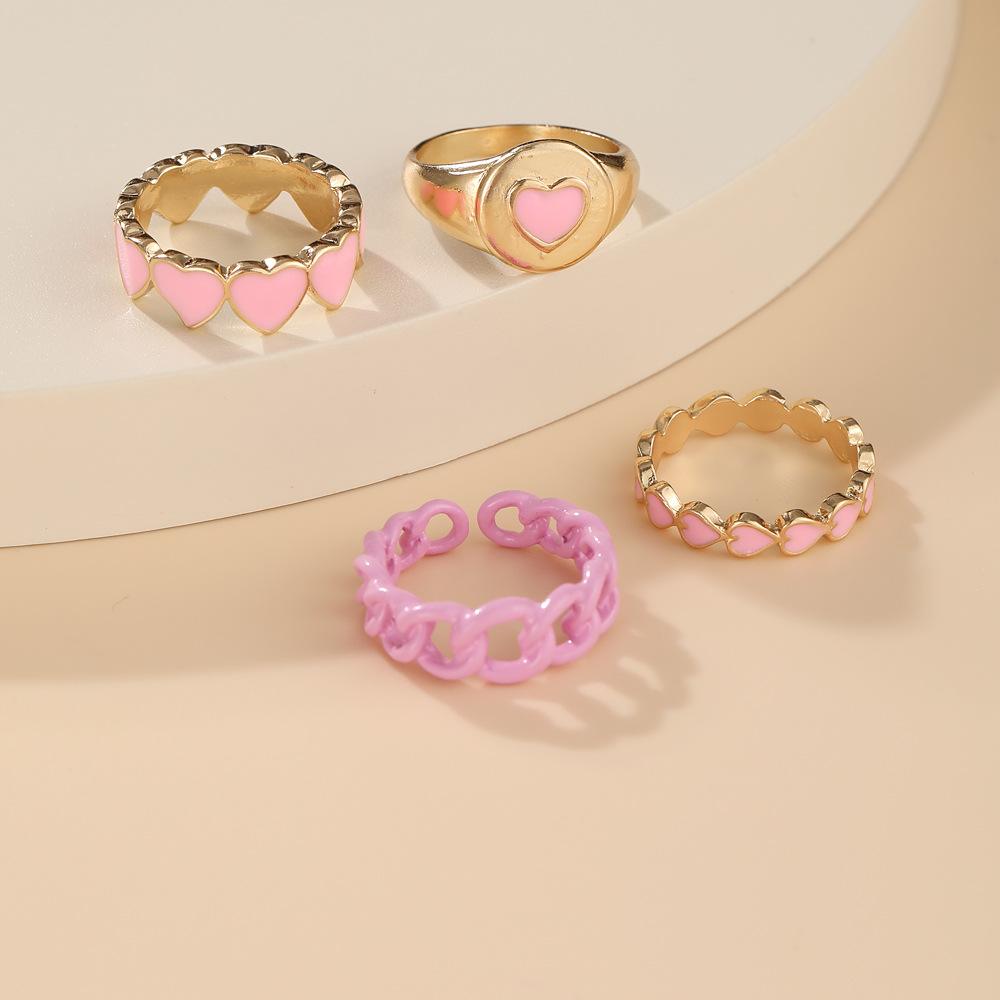 Cross-border Ins New Style Pink Love Heart-shaped Ring Set Creative Sweet Peach Heart Drop Oil Ring Color Retention Four-piece Set display picture 10