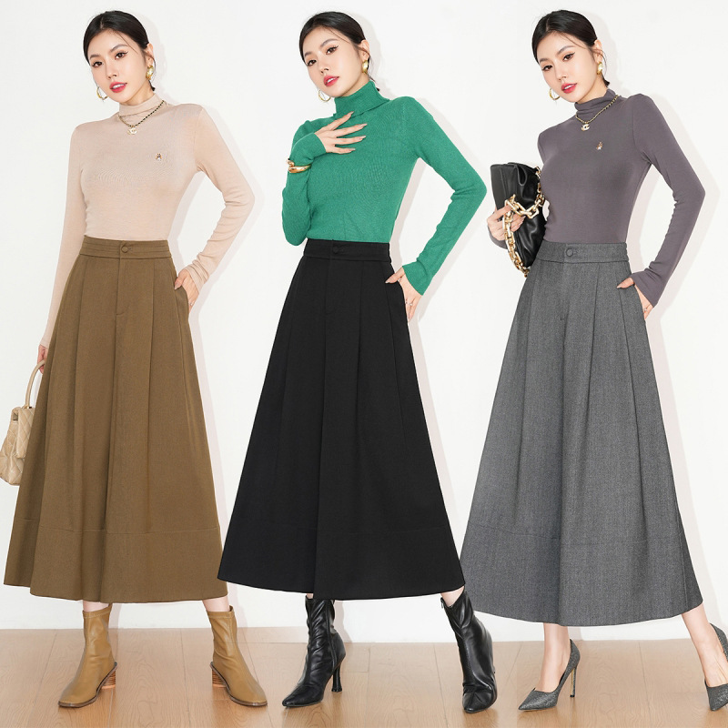 Brand Tencel Wool Culottes for Women in Autumn and Winter High-Waisted Versatile Nine-Point Casual Wide-Leg Pants Loose Woolen Wide-Leg Culottes