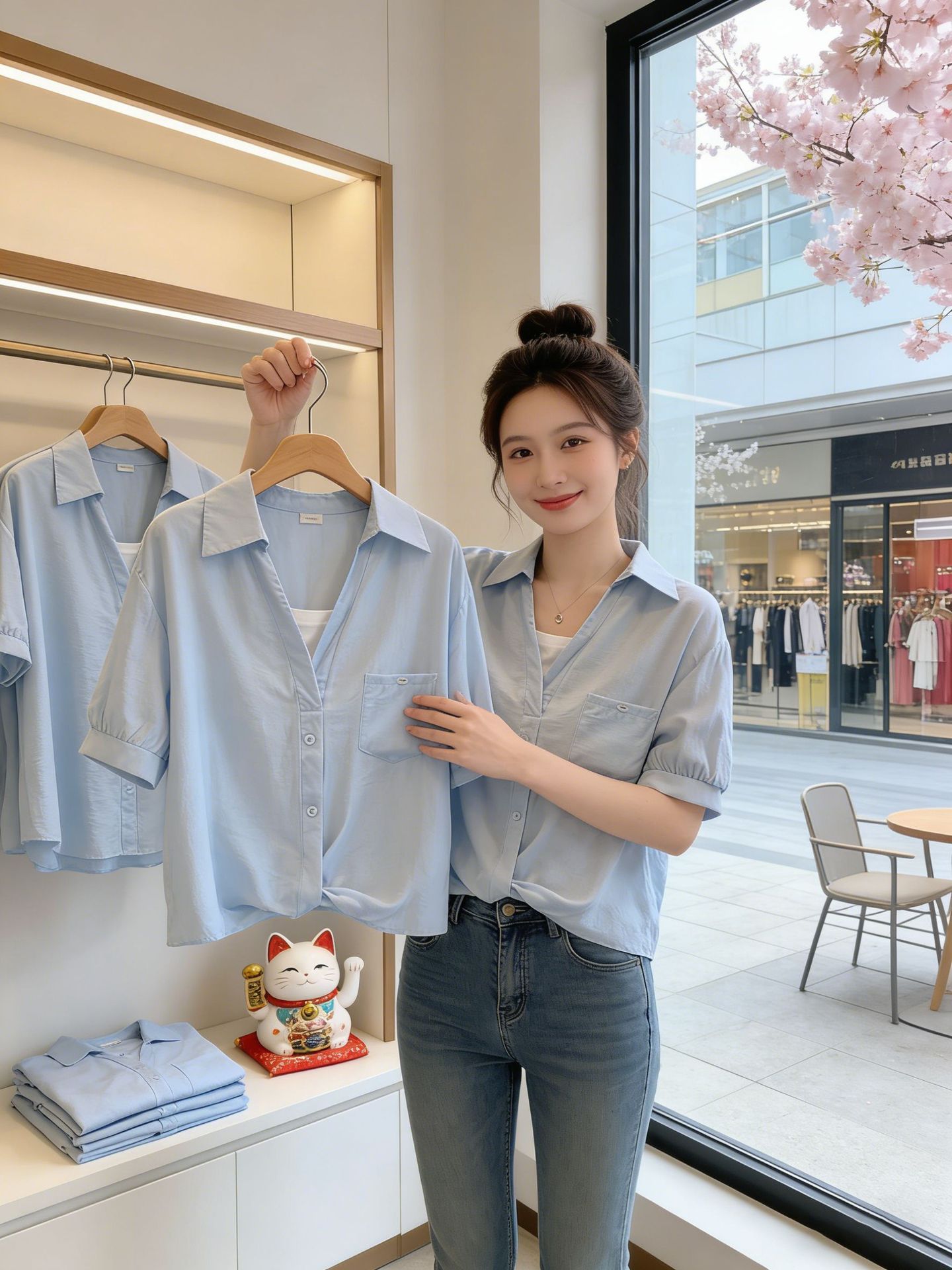 Áo sơ mi nữ tay ngắn giả hai lớp màu xanh lam thiết kế trẻ trung — xanh lam chi tiết 7