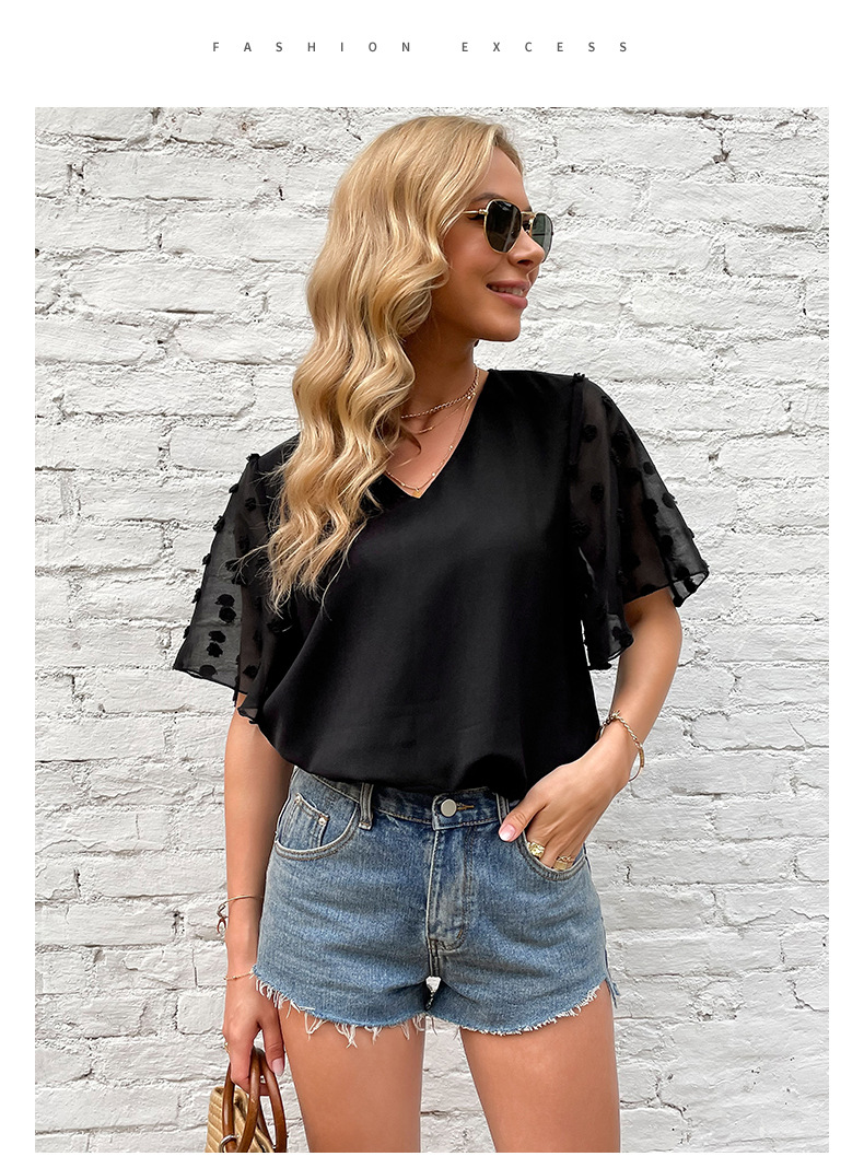 Schwarzes, kurzärmliges, durchsichtiges Trompetenhemd aus Netzstoff mit V-Ausschnitt_voghion.com