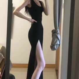 辣妹高开叉收腰显瘦背心连衣裙女夏长款过膝修身包臀裙无袖t恤裙
