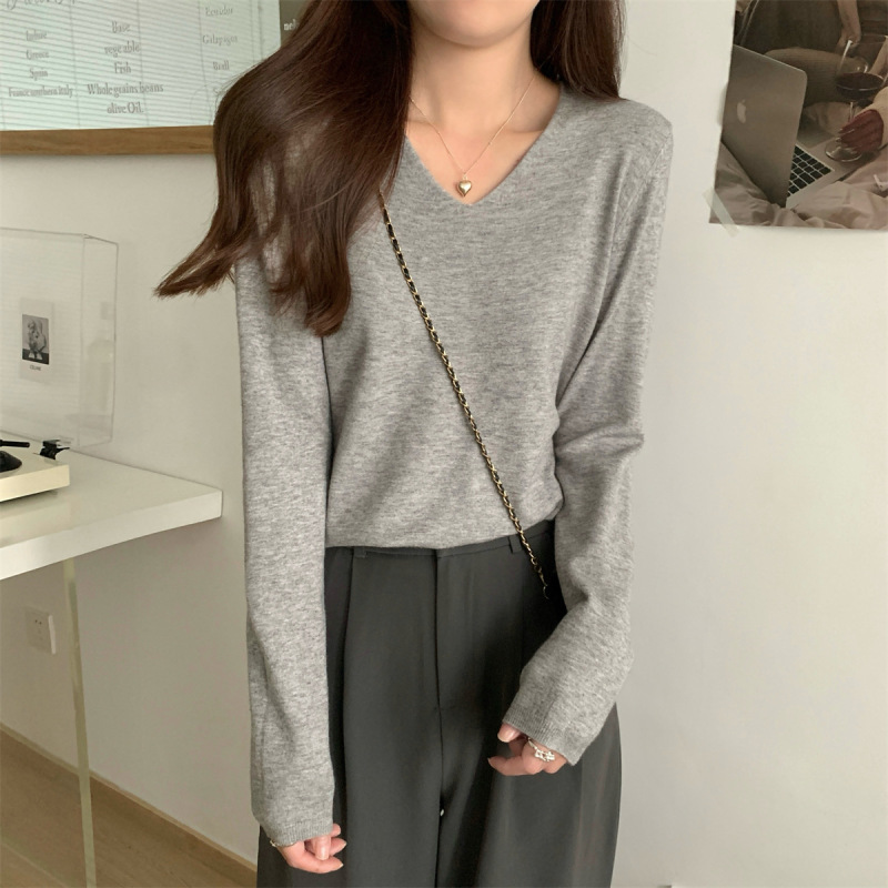 韩版基础款圆领卷边针织衫打底女早秋慵懒风毛衣长袖软糯内搭上衣|undefined