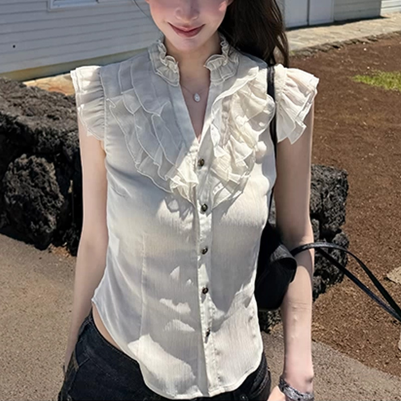 Slightly Translucent and Dreamy Summer "Miss Aurora" Korean-Style Fragrant and Gentle Ruffled Blouse with a Fluttering Sleeve Design