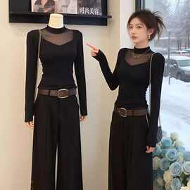 大码黑色加绒网纱拼接长袖t恤打底衫女春季修身遮肉显瘦内搭上衣