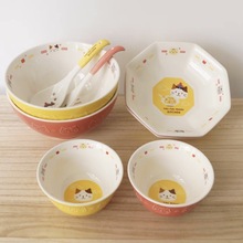 日式陶瓷餐盘可爱猫咪饭碗儿童盘家用菜盘汤盘