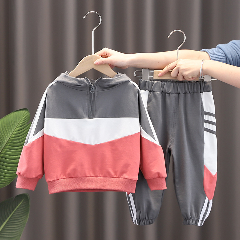 新しい春と秋の子供スーツ子供服フード付き長袖スウェットシャツスプライスジッパープルオーバーレギンスズボン 2 枚|undefined