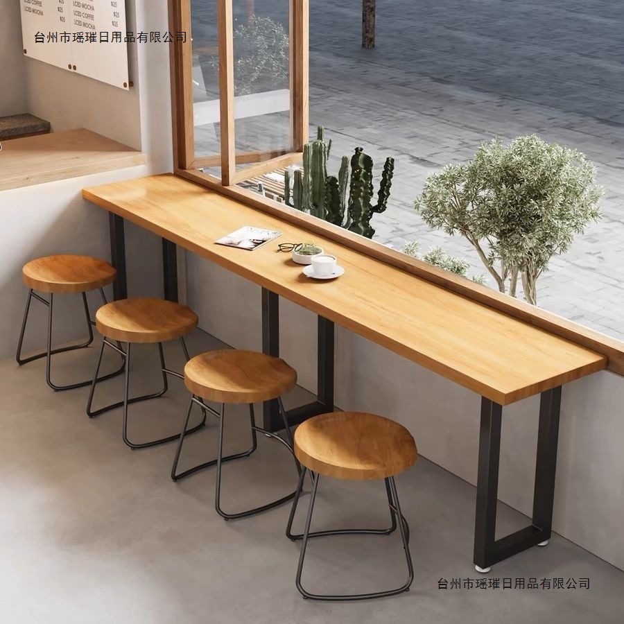 Low Bar Table, Industrial Style Convenience Store Snack Bar Bar Long Table, Narrow Dining Table and Chair Combination Against the Wall and Window