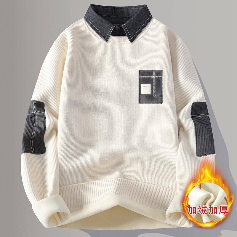 Drop-shipping faux two-piece shirt-collar sweater for men, new autumn and winter style, fleece-lined, thickened, loose-fitting, casual knitwear Drop-shipping faux two-piece shirt-collar sweater for men, new autumn and winter style, fleece-lined, thickened, loose-fitting, casual knitwear