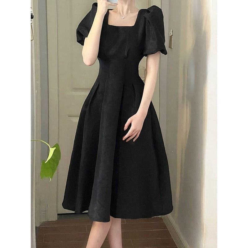 Váy maxi nữ cổ vuông tay phồng chất liệu jacquard hoa nổi, thiết kế xòe rộng thanh lịch — màu đen, màu trắng chi tiết 7