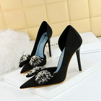 6168-H3 High Heel Slim Heel Shallow Notched Pointed Side Hollow Fabric Face Super High Heel Rhinestone Bow Tie Single Shoe