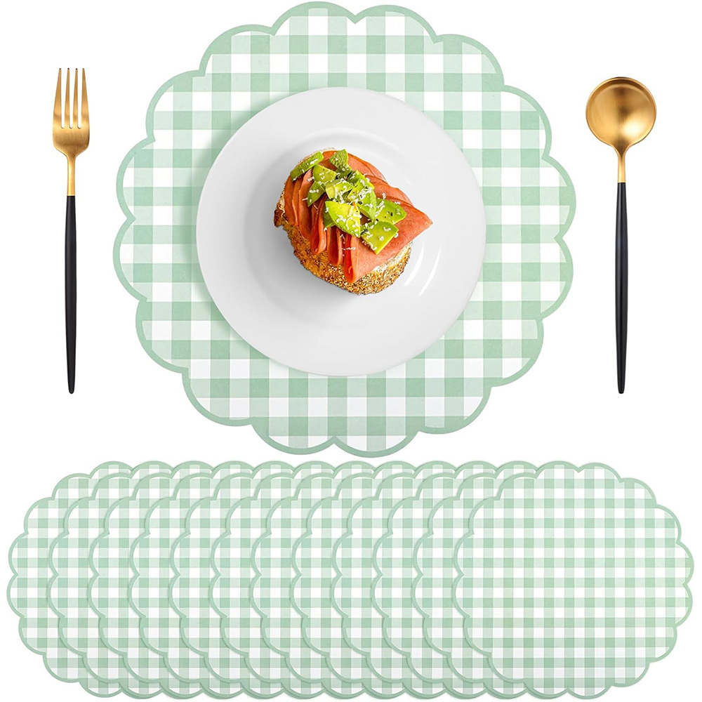 Green checkered paper placemats, disposable placemats with floral edges, macaron-colored table mats, cute table decorations for parties