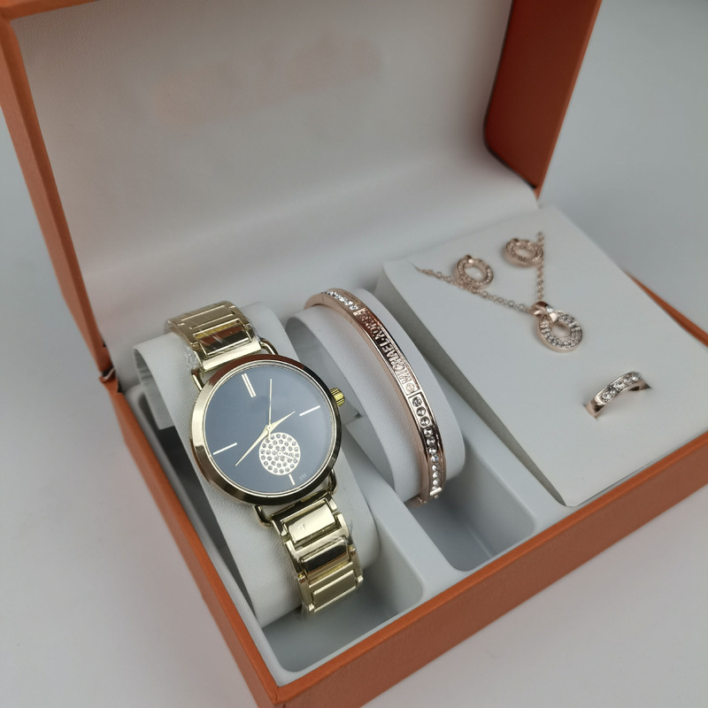 Five-Piece Set of Women's Mk Watches, Brand Light Luxury Diamond-Encrusted Women's Watch, Simple Sun Pattern Waterproof Steel Strap Women's Watch New Model