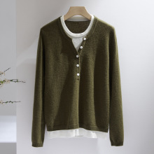 山羊绒女士圆领拼色时尚休闲假两件针织衫秋冬新款百搭打底针织衫