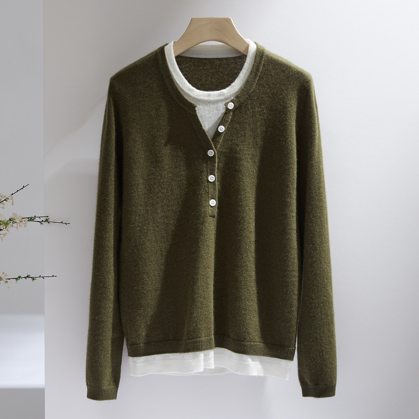 山羊绒女士圆领拼色时尚休闲假两件针织衫秋冬新款百搭打底针织衫