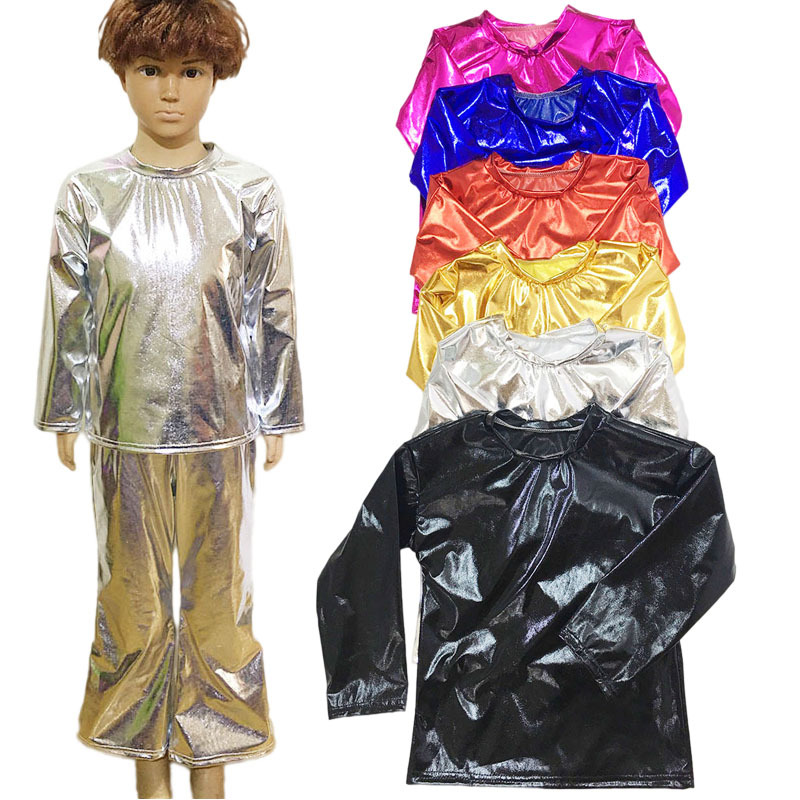 Rendimiento de ropa brillante de manga larga Camiseta cuello redondo Ropa de baile niños y niñas coro de adultos superior micro elástico de los niños T