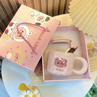 Girl's Heart Bear Mug Cute Milk fufu Cartoon Home Water Cup with Lid for Sisters and Friends Birthday Ceremony Nine