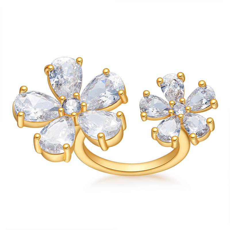 Flower Pattern Copper 18K Gold Plated Inlay Flower Zircon Open Rings
