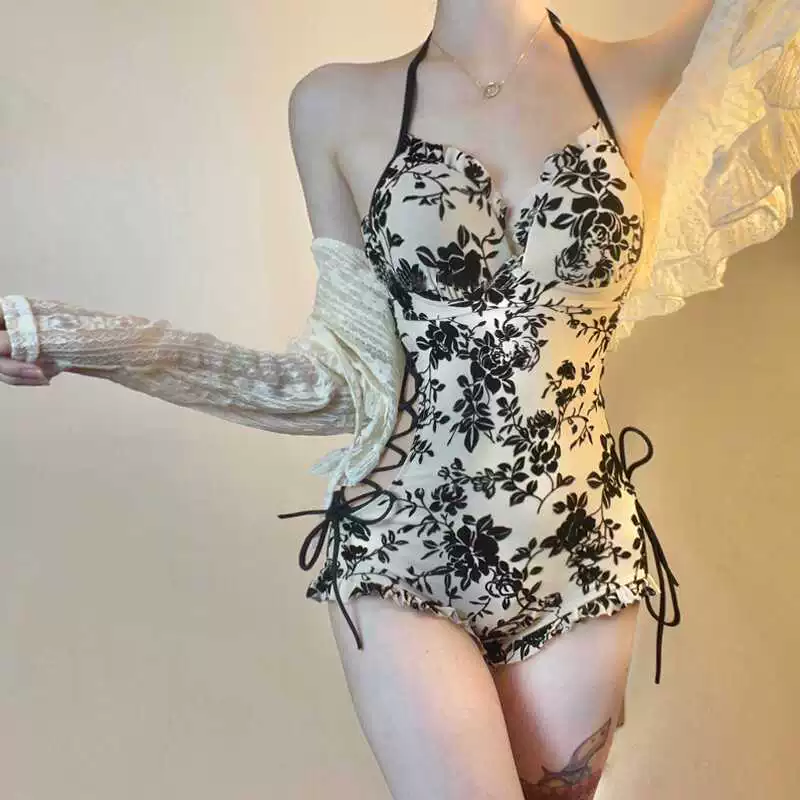 Новый высококачественный цельный купальник с цветочным узором на косточках, пуш-ап, утягивающий боксерский купальник с длинными рукавами, цельный купальник для женщин оптом