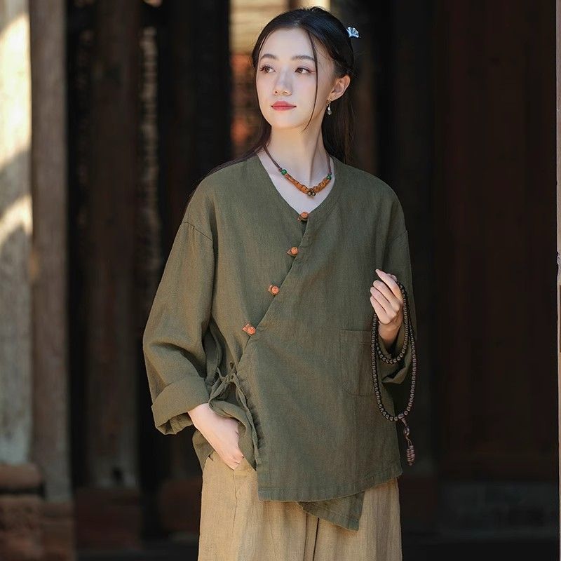 复古盘扣上衣女2025新文艺禅意茶服春秋旅拍系带外套短款棉麻开衫|undefined