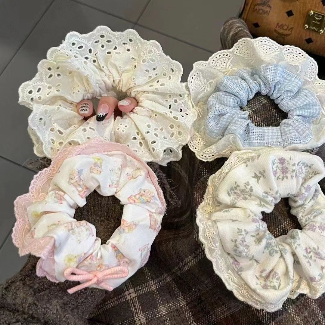 芭蕾風奶藍格子重工燙鑽蕾絲花邊韓版大腸發圈可愛奶油甜妹發繩女