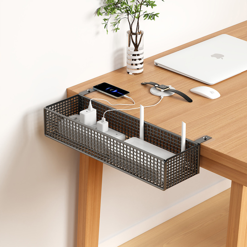 Under-desk cable organizer, storage shelf, socket, power strip, wire and data cable holder, office computer cable management box Under-desk cable organizer, storage shelf, socket, power strip, wire and data cable holder, office computer cable management box