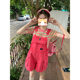Dopamine Girls Wear Rose Red Denim Strap Shorts Striped Short-sleeved T-shirt Summer New Two-piece Suit