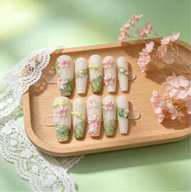 Three-Dimensional Frosted Hand-Painted Lotus Nail Art with Unique Design, Long Style, European and American Cross-Border Wearable Nail Tips, Detachable Three-Dimensional Frosted Hand-Painted Lotus Nail Art with Unique Design, Long Style, European and American Cross-Border Wearable Nail Tips, Detachable