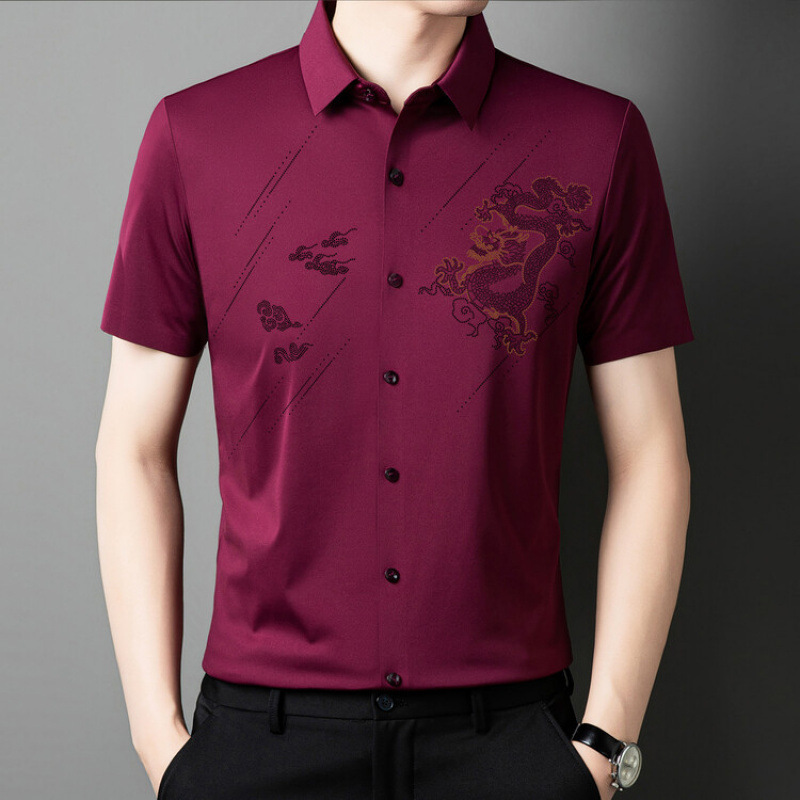 2025 Men's New Short Sleeve Shirt Red Chinese Dragon Sequin Short Sleeve Shirt Middle-Aged and Elderly Dad Shirt