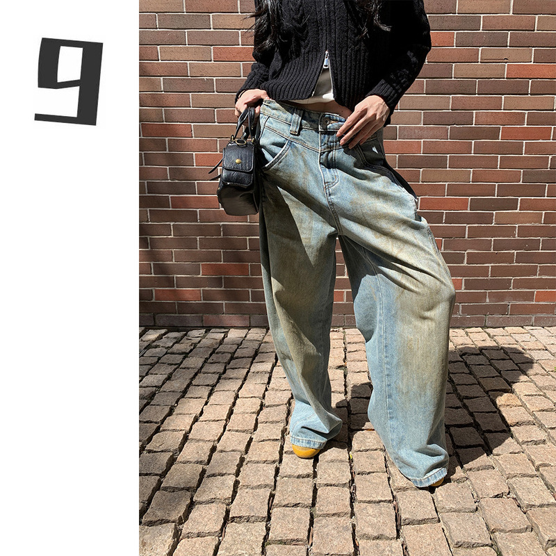 [9Hour] American Retro Mud Yellow Dyed Jeans for Women 2025 Autumn Pleated Design Wide-Leg Pants Hc1385