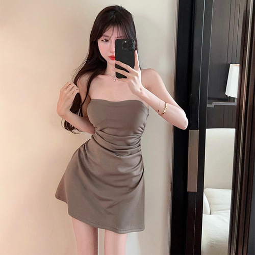 Pure desire sexy tube top one-shoulder dress, women's autumn collection waist pocket hip dress, fluffy skirt, small man, small mother, short skirt