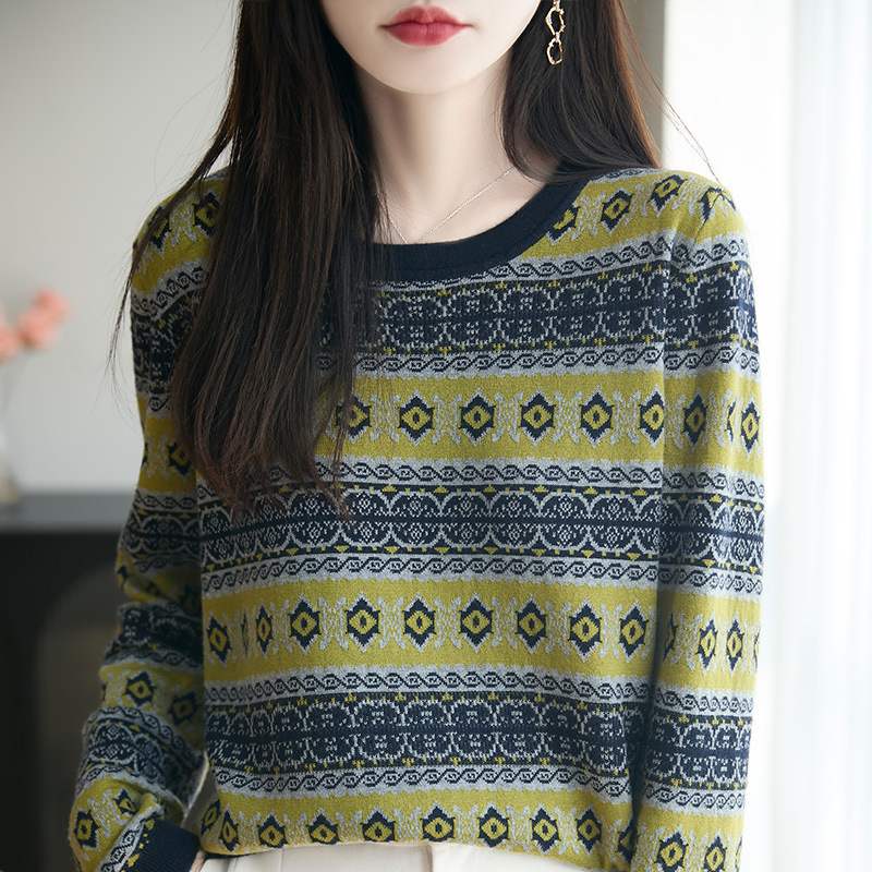 秋冬新款毛衣女圆领套头加厚夏古提花宽松慵懒外穿打底针织衫女装|undefined