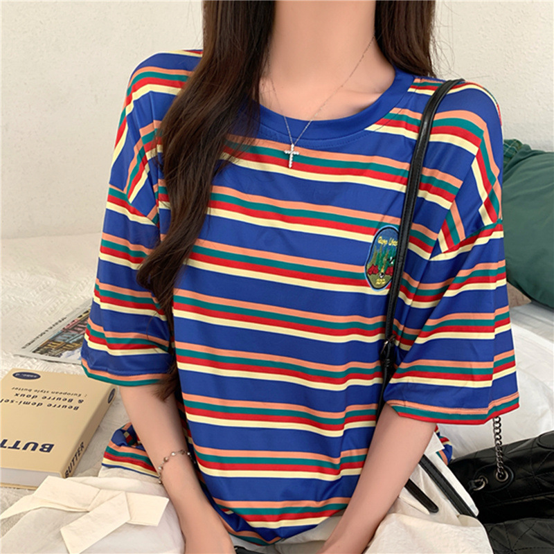 卡通撞色条纹短袖t恤女2025新款夏季美式宽松洋气减龄学院风上衣|undefined
