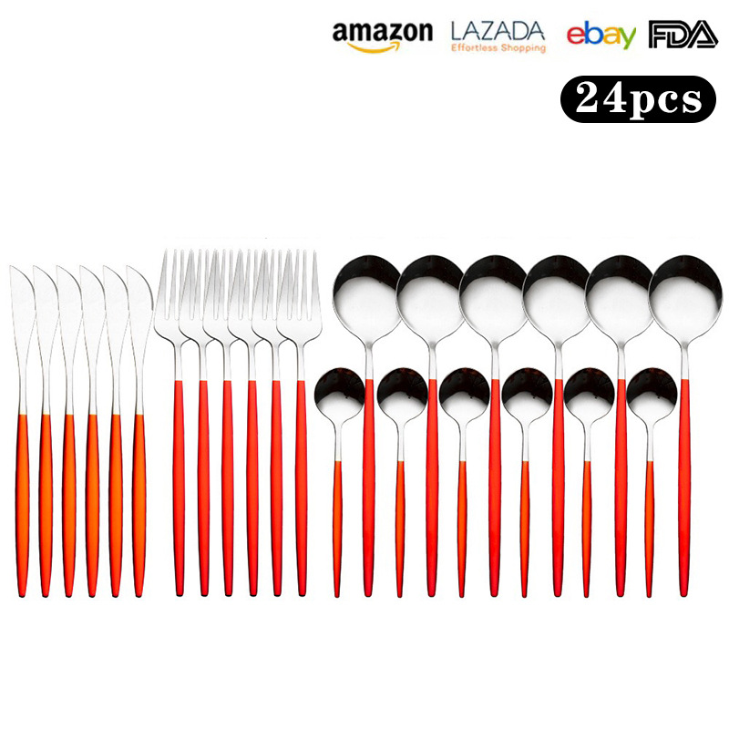Transfronterizo de Amazon 24 piezas de acero inoxidable traje de vajilla Portugués Occidental cuchillo de carne, tenedor y cuchara de titanio chapado en oro cuchara