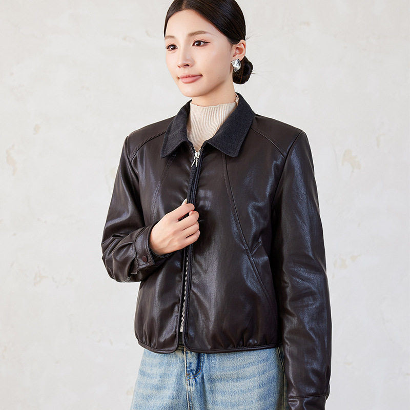 Áo khoác da nữ cổ bẻ dáng ôm phối lông bên trong kiểu mới — màu cà phê, đen, Màu cà phê Fleece dày, Màu đen Fleece dày chi tiết 10