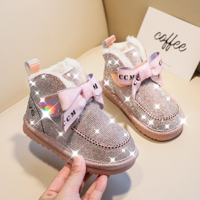 女童亮钻雪地靴冬季加厚保暖软底水钻靴子小宝宝保暖公主丝带棉靴