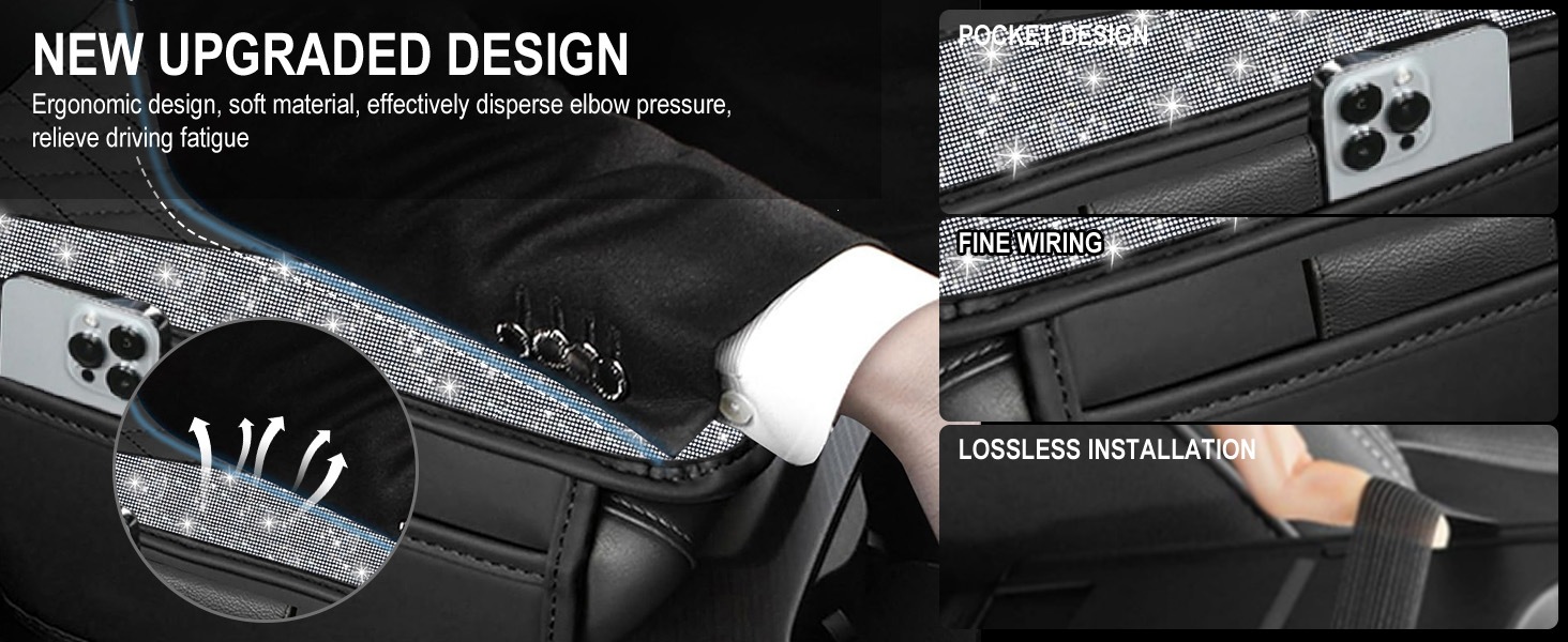 Diamond-embellished car interior armrest pad, diamond-filled armrest box pad for women, protective cover with hot-stamped diamonds, armrest box pad