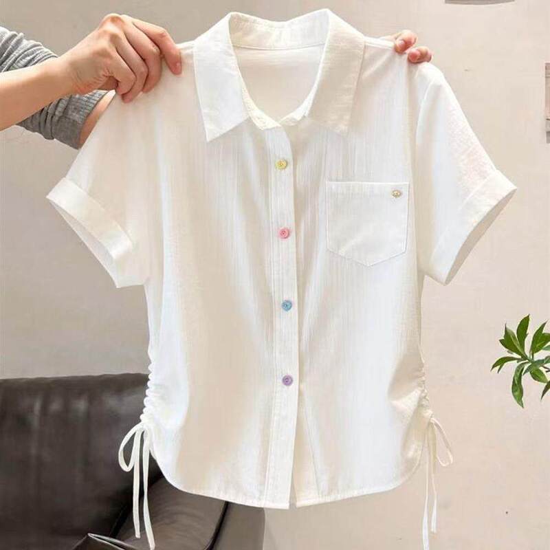 Korean-Style Colorful Button Short-Sleeve Base Shirt for Women, 2026 Summer New Design, Slimming Drawstring Plus-Size Top