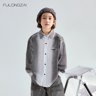 Fulongzai Family Kidsren's Clothing 2024 Autum Boys and Girls New Medium and Large Kidsren's Loose Kidsren's Gradient Color Shirt