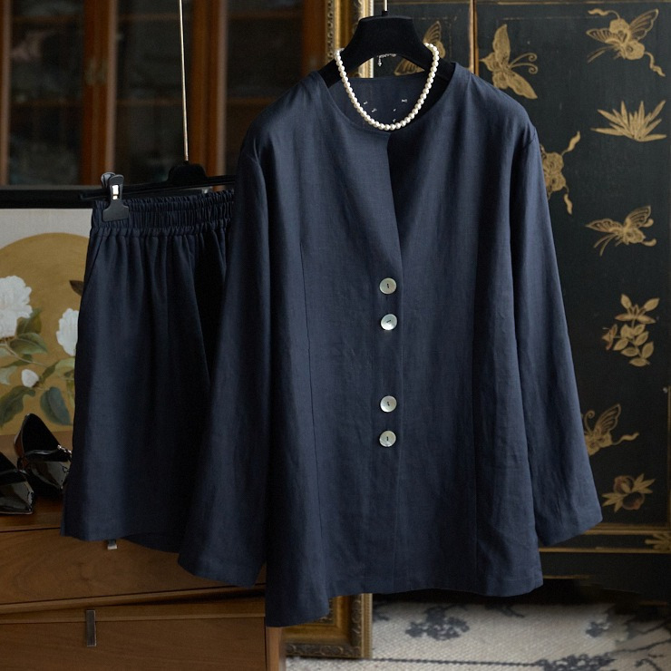 please jane temperament online! Italian-style stylish slimming shell-button silhouette linen top elastic waist wide-leg pants cover