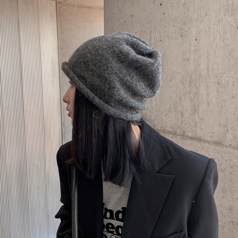 休闲风灰色毛线帽女秋冬百搭保暖针织帽子ins潮堆堆帽包头帽冷帽|undefined