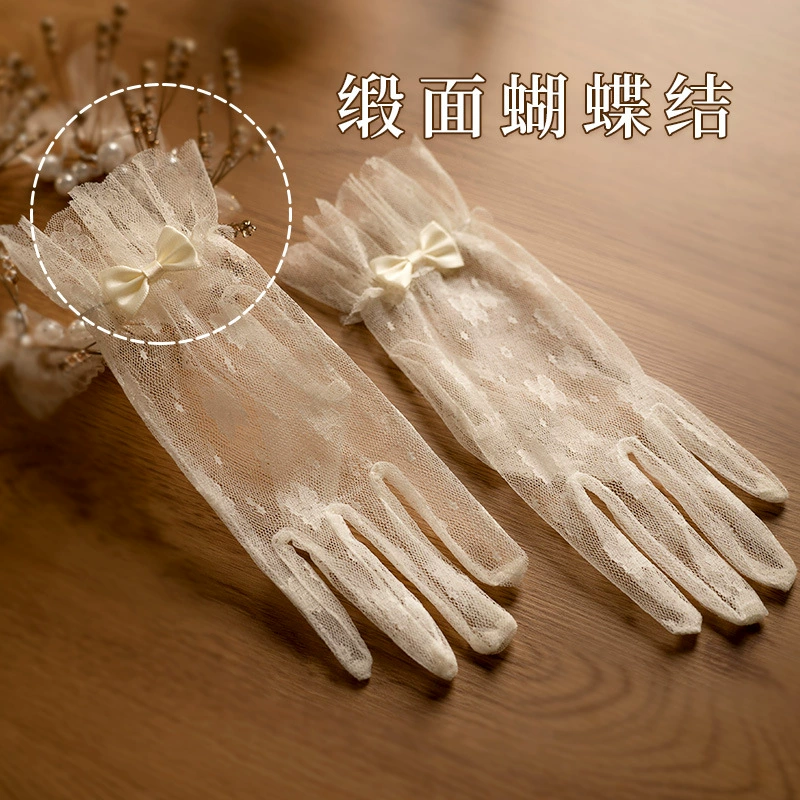 Wedding dress for bride, retro lace short gloves with bow from pearl, high-quality style